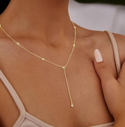 Lariat Gold Necklaces for Women Trendy Dainty Long Necklace 14k Gold Plated/Silver Layered Drop Beaded Chain Necklaces Y-shaped Pendant Necklace Simple Gold Jewelry Gifts - color: 5 CZ-Gold