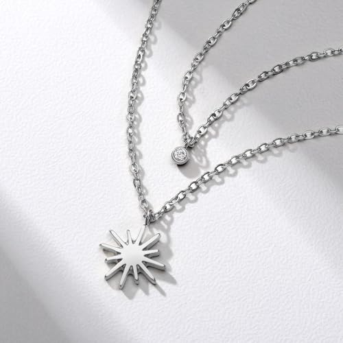 Dainty 316L Stainless Steel Layered Necklace for Women, Cubic Zirconia Layered Double Pendant Chain Necklace Jewelry Trendy - color: Original SS