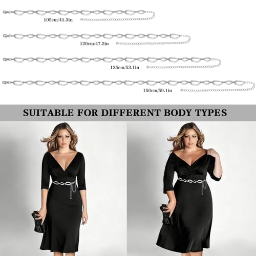 LIMHOO Women's Metal Waist Chain Belts Gold Silver Link Belt for Dresses - color: Square Silver, size: S: Length 105cm/41.3in