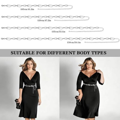 LIMHOO Women's Metal Waist Chain Belts Gold Silver Link Belt for Dresses - color: Square Silver, size: S: Length 105cm/41.3in