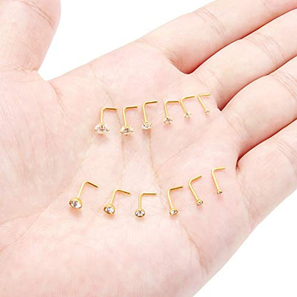 20G 1.5mm 2mm 2.5mm 3mm 3.5mm 4mm Opal Clear Diamond CZ Nose L Shaped Studs Rings Piercing Jewelry 4-20PCS - color: 12PCS - Gold