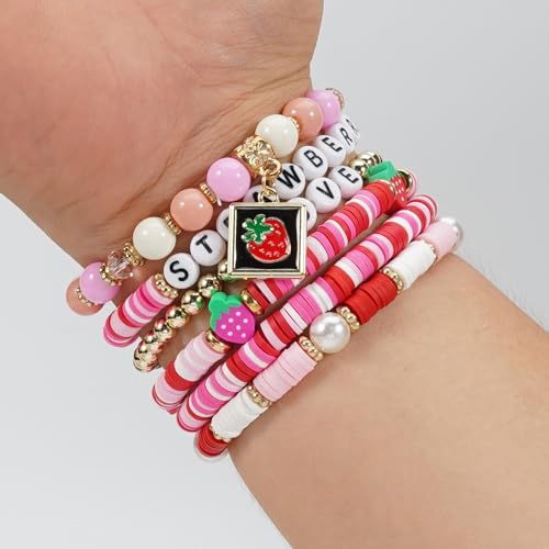 Twinfree Bohemian Cute Fruit Banana Cherry Strawberry Pineapple Mango Polymer Clay Beaded Stackable Stretch Bracelets - color: Color 2