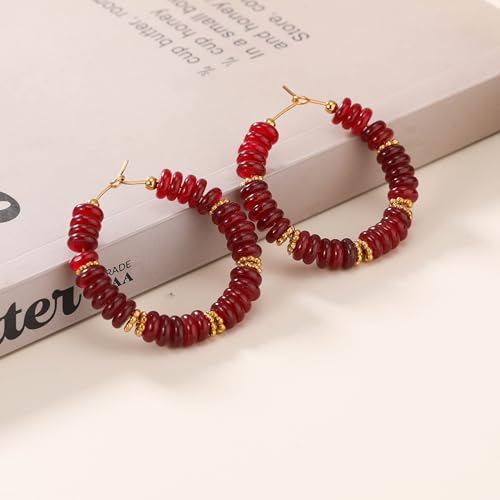 Wellike Beaded Hoop Earrings for Women Natural Stone Pink Gold Huggie Earrings Hypoallergenic Dainty Waterproof Trendy Jewelry - color: Burgundy, size: 40mm