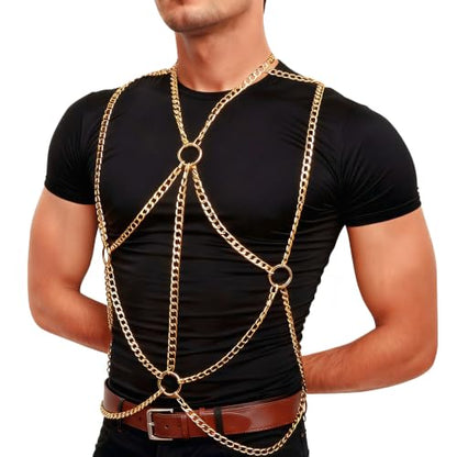 Men's Chest Belt Chain Costume Fashion Festival Outfit | Male Goth Shirt Shoulder Belt Mens Rave Outfit for Festival Party Rave Halloween Cosplay - color: Gold