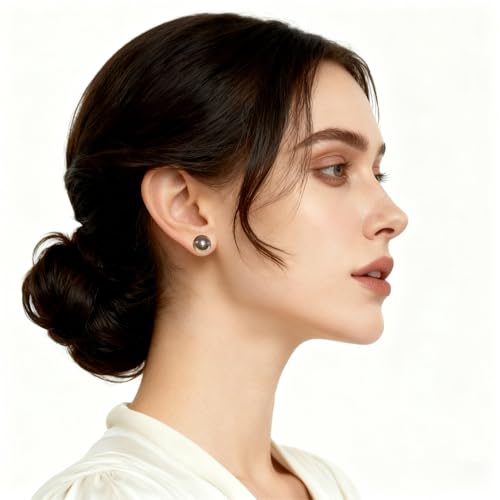 Gold & Brown Faux Pearl Stud Earrings, S925 Silver Posts Hypoallergenic for Women - color: Brown, size: 12mm