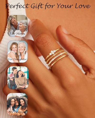 TOBENY Stackable Silver Gold Rings for Women Non Tarnish 14K Gold Plated Cubic Zirconia Ring Set Trendy Dainty Engagement Wedding Bands Thumb Rings Stacking Promise Statement Rings Jewelry Size 6-10