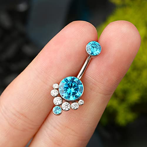 G23 Solid Titanium Belly Button Rings for Women Bezel Cluster 14G Implat-Grade Hypoallergenic Navel Rings Cute 14g Belly Rings - color: D-Blue CZ