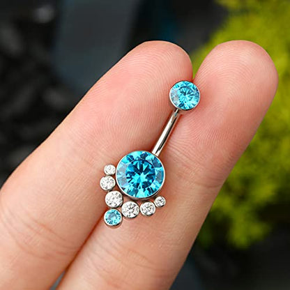 G23 Solid Titanium Belly Button Rings for Women Bezel Cluster 14G Implat-Grade Hypoallergenic Navel Rings Cute 14g Belly Rings - color: D-Blue CZ