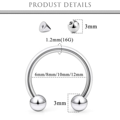 Hoeudjo 16G Horseshoe Septum Rings with Ball Grabber Tool Hypoallergenic Surgical Steel Septum Piercing Jewelry Lip Rings Smiley Piercing Jewelry for Women Men Diameter 6mm 8mm 10mm 12mm - color: silvertone