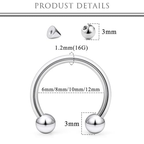 Hoeudjo 16G Horseshoe Septum Rings with Ball Grabber Tool Hypoallergenic Surgical Steel Septum Piercing Jewelry Lip Rings Smiley Piercing Jewelry for Women Men Diameter 6mm 8mm 10mm 12mm - color: silvertone