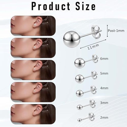 15 Pairs Ball Stud Earrings, Multi-Size Surgical Studs Earring, Simple Polished Ball Studs, Silver Stud Earring Set, Stainless Steel Jewelry for Women & Men(2mm 3mm 4mm 5mm 6mm)
