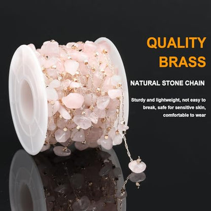KYUNHOO 16.4FT Light Pink Natural Gemstone Jewelry Making Chain Supplies | Gold Plated Brass Chains Bulk Stone Link Chain Roll witj Clasps for Crafts DIY Jewelry Findings - color: Natural Stone-Light Pink