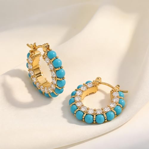 DREMMY STUDIOS Gold Dainty Huggie Hoop Earrings 18K Gold Plated Exquisite Open Tassel Dangle Charm Drop Sleeper Geometric Cross Coin Star Heart White CZ Simple Hypoallergenic Earrings for Women - color: Turquiose CZ Hoops