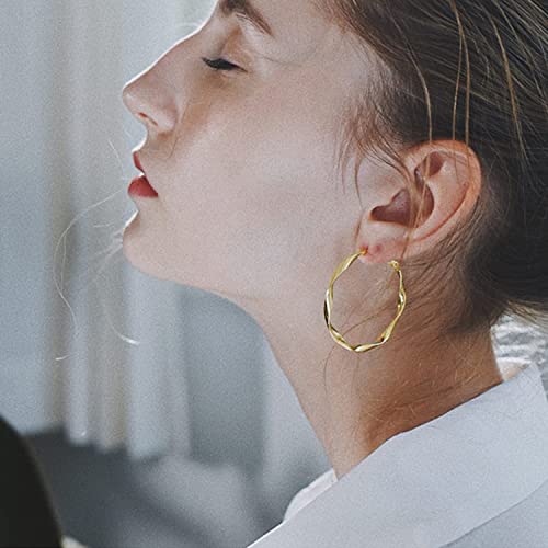 24K Gold Hoop Earrings for Women Trendy Real Gold Plated Twisted Thin Huggie Hoops, Dainty Cute Big Gold Filled Dangle Hoop Earrings Nickel Free Womens Earrings for Sensitive Ears Hypoallergenic - style: Gold 50mm