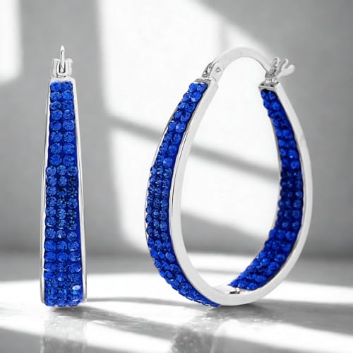 Devin Rose Oval Inside Outside Hoop Earrings for Women Faceted Sparkle Crystals - color: Blue