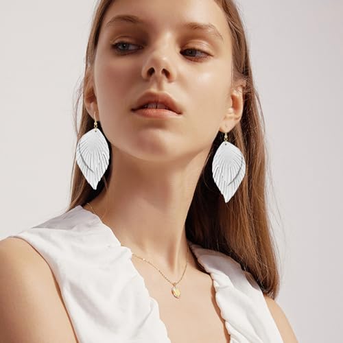 Genuine Leather Handmade Fringe Feather Lightweight Dangle Drop Earrings Teardrop Tassel Hook Earrings for Women - style: 1 White