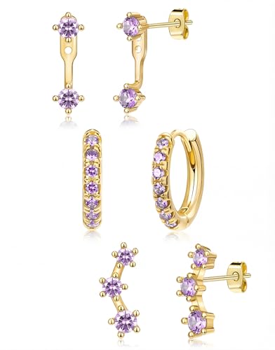 3 Pairs Dainty Small Earrings Set for Women Trendy, Birthstone Stud Huggie Hoop Jacket Stack for Cartilage Helix, Gold Plated Hypoallergenic Cute Women Fashion Accessories Western Jewelry Gifts - color: 06Purple Created Alexandrite-June (Gold)