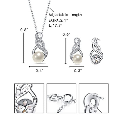 EleQueen 925 Sterling Silver CZ Freshwater Cultured Pearls Bridal Pendant Necklace Earrings Wedding Jewelry Sets, Valentine's Day/Mother's Day/Christmas Gift - style: Pearl Necklace Stud Earrings