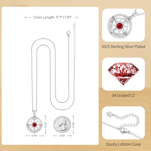 Peeshow Compass Birthstone Necklace for Women Wife, S925 Sterling Silver Gift for Wife Wedding Anniversary Birthday Gifts for Women Jewelry for Her Girlfriend I'd be Lost without You - style: 01-Jan-Garnet