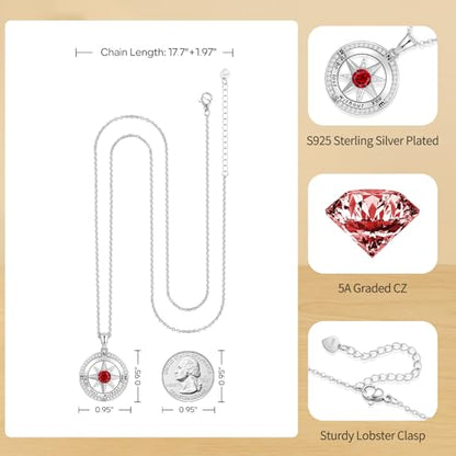 Peeshow Compass Birthstone Necklace for Women Wife, S925 Sterling Silver Gift for Wife Wedding Anniversary Birthday Gifts for Women Jewelry for Her Girlfriend I'd be Lost without You - style: 01-Jan-Garnet