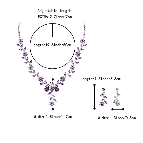Women's Wedding Jewelry Set for Bride,Prom Bridal Accessories | Bling Crystal,Flower Leaf Cluster,Dangle Earrings Pendant Necklace Set,for Bridesmaid,Party Jewellery - color: 05-Purple Silver-Tone
