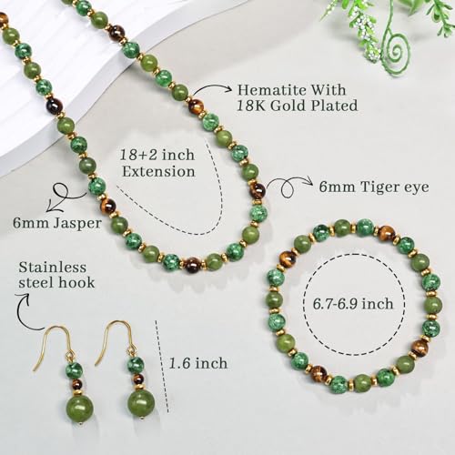 Beaded Necklaces for Women 3Pcs Colorful Boho Gemstone Bead Choker Summer Natural Stone Surfer Beach Bead Necklace Bracelets Earring Set Handmade Jewelry for Women Gift Jewelry Sets - color: Olive Green