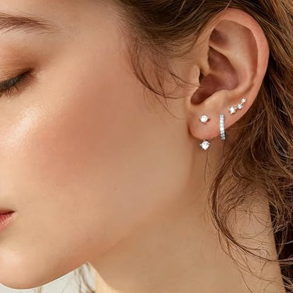 BG&WLing 3 Pairs Earring Set with Huggie Hoops Jacket Crawler Stud | Hypoallergenic, Cubic Zirconia, Huggie Hoops, Ear Climber Design, Earrings Jacket, Multi-Pierce Stack, Women's Jewelry - color: Silver