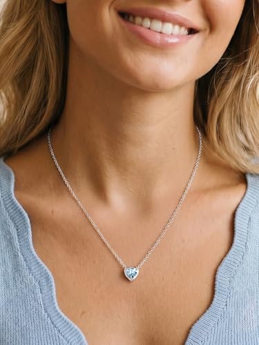 Silvora Heart/Round Birthstone Necklace for Women, Sparkling Crystal Pendant, Dainty Birth Month Jewelry, Adjustable 16"+2" Chain - color: Silver, style: March Heart