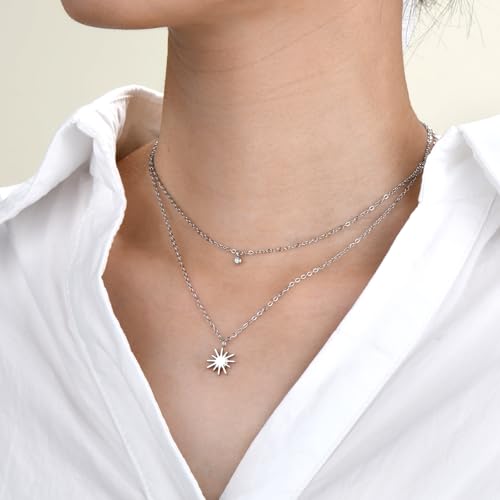 Dainty 316L Stainless Steel Layered Necklace for Women, Cubic Zirconia Layered Double Pendant Chain Necklace Jewelry Trendy - color: Original SS