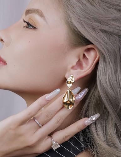 FAN&LOUIS Gold Silver Clip On Dangle Earrings Women,14K Gold Teardrop Statement Dangle Earrings Clips Lightweight Hammered Drop Dangle Clip-on Earrings for Women - style: Gold