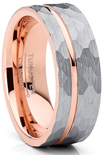 Metal Masters CO. Men's Hammered Grooved Tungsten Carbide Wedding Band Ring Silver Rosegold-tone Comfort-Fit 8MM