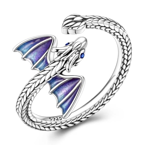 Hapour Adjustable Dinosaur Rings for Women S925 Sterling Silver Stackable Open Eternity Band Wing Dino Rings - color: A