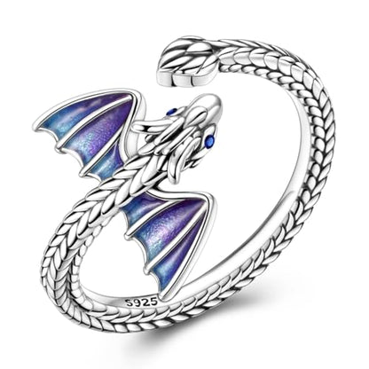 Hapour Adjustable Dinosaur Rings for Women S925 Sterling Silver Stackable Open Eternity Band Wing Dino Rings - color: A
