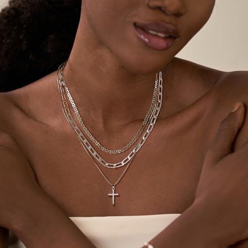 Cross Necklace for Women,Stackable Stacked Stacking Layering Layered Necklaces Dainty Gold Necklace Paperclip Box Flat Mariner Chain Necklace Cross Pendant CZ Diamond Simple Jewelry Gift - color: SL