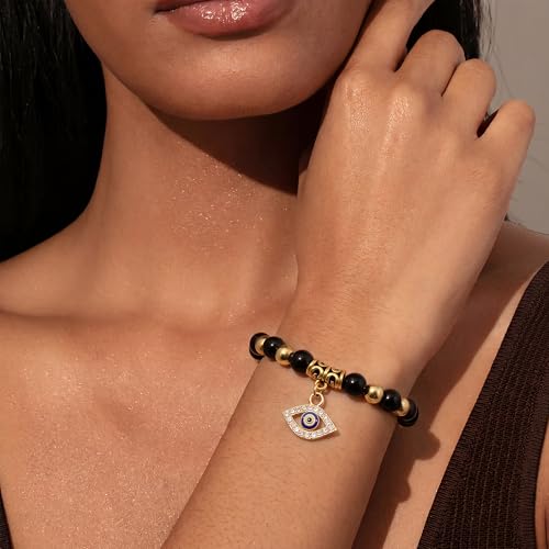 Fesciory Evil Eye Bracelet for Women, Gold Plated Adjustable Chain Jewelry | Blue Evil Eye Charm Bracelet, Lucky Amulet Symbolism, Dainty Adjustable Chain, Daily wear, Jewelry gifts - color: Black-1