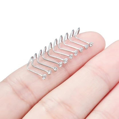 Nose Studs Surgical Steel Nose Rings Studs with Cubic Zirconia 10Pcs Tiny Nostril Rings for Women Screw Bone and L-Shaped Nostril Piercing Jewelry 24G 22G 20G 18G - color: silvertone,screw nose studs, size: 24g,1.5mm Clear CZ