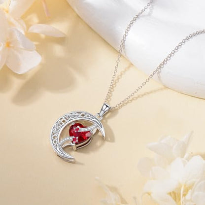 TOUPOP Moon and Star Birthstone Necklace for Women 925 Sterling Silver Celtic Moon Jewelry Birthday Mothers Day Gifts for Mom Wife Her - color: 01-January-Garnet