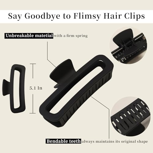5 Inch Large Hair Claw Clips, No Slip Matte & Glossy Unbreakable Square XL Hair Clips for Thick Long Curly Hair, Women's Big Rectangle Strong Clips, 4 Pack - color: A6 5 inch