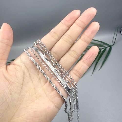 Adjustable Waterproof Layered Bracelets for Women Summer Beach Cuban Link Chain Anklets Set Herringbone Paperclip Beaded Snake Chain Stackable Anklet Stainless Steel Jewelry Bracelet - color: 5PCS-Sliver