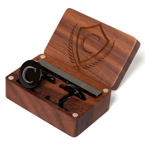 Mens Initial Cufflinks and Tie Clip A-Z Alphabet Letter Black Stainless Cuff Links Tie Bar with Engraved Walnut Wood Box Groom Groomsman Wedding Set - style: Classic-C