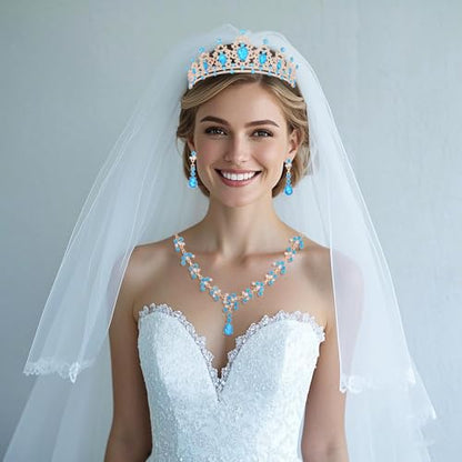 Crystal Crown and Tiara Jewelry Set for Women Bride with Necklace Earrings | Metal Rhinestone Royal Queen Princess Jewelry Set Wedding Quinceanera Pageant Prom Birthday Halloween Party Costume Gift - color: Light Blue