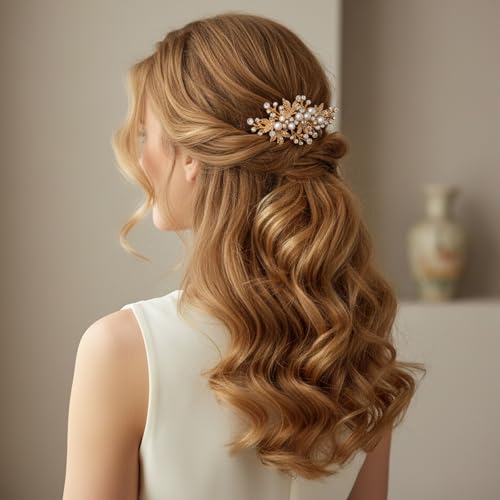 4 PCS Gold Hair Pins Rhinestone Barrette Pearl, Crystal Wedding Leaf Barrette, Sparkly Bridal Hair Clips Accessory for Women Girls