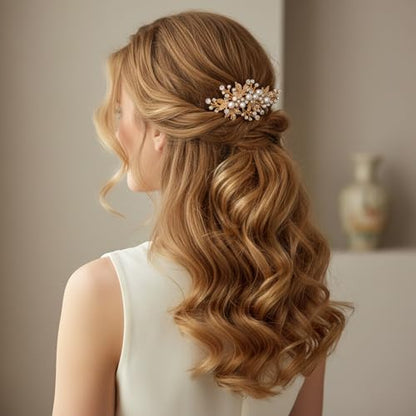 4 PCS Gold Hair Pins Rhinestone Barrette Pearl, Crystal Wedding Leaf Barrette, Sparkly Bridal Hair Clips Accessory for Women Girls