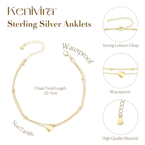 Kenivira 925 Sterling Silver Ankle Bracelets For Women Dainty Layered Waterproof 18K Gold Plated Anklets For Women Beach Adjustable Anklet Foot Jewellery - color: Heart-G