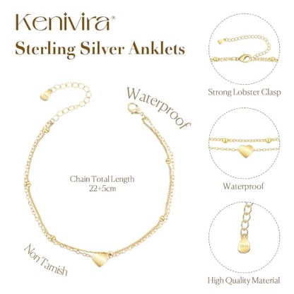 Kenivira 925 Sterling Silver Ankle Bracelets For Women Dainty Layered Waterproof 18K Gold Plated Anklets For Women Beach Adjustable Anklet Foot Jewellery - color: Heart-G