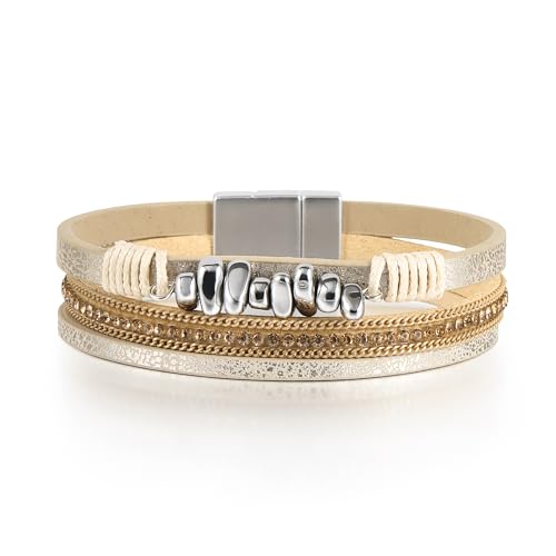 Edoneery Leather Wrap Bracelets for Women, Boho Layered Cuff Bangle | Multi-layer Leather Cuff, Daily wear, Stackable Bangle, Easy on-off, Western Jewelry Gifts for Women - color: Beige-2