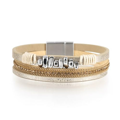 Edoneery Leather Wrap Bracelets for Women, Boho Layered Cuff Bangle | Multi-layer Leather Cuff, Daily wear, Stackable Bangle, Easy on-off, Western Jewelry Gifts for Women - color: Beige-2