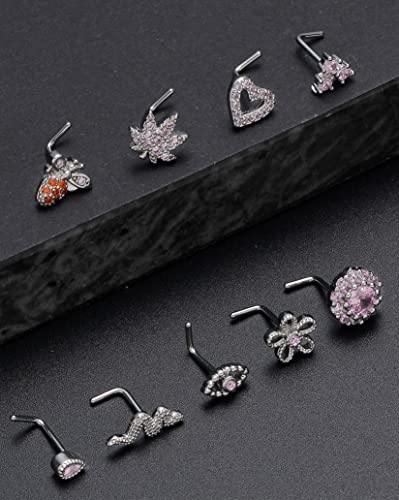 Tornito 16Pcs Nose Stud Rings L Screw Shaped Nose Ring Flower Snake Butterfly Heart Eye CZ Dangle Nose Rings Stud Body Piercing Jewelry for Women Men 20G Silver Pink Tone - color: A:Pink Tone