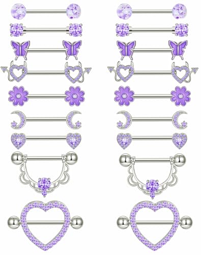 9 Pairs Nipple Rings Stainless Steel Heart Butterfly Moon Flower CZ Barbell Tongue Rings Set Cute Nipplerings Piercing Jewelry for Women Pink Silver Tone - color: D: Purple Tone