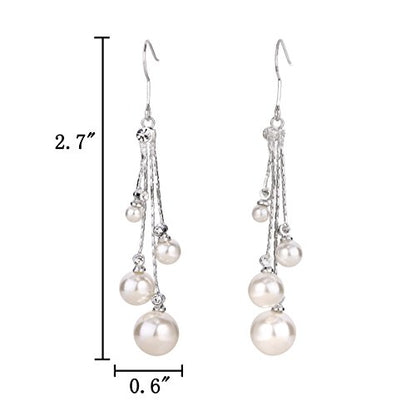 EleQueen Women's Silver-tone Crystal Simulated Pearl 4 Chain Bridal Long Dangle Hook Earrings Ivory Color - color: A-Silver-tone